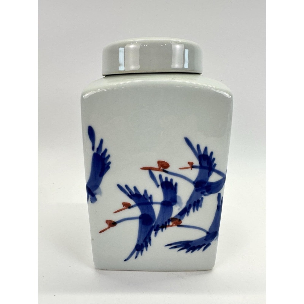 Three Hands Corp Blue White Crane Ginger Jar Lidded Ceramic Asian Decor 8.5"